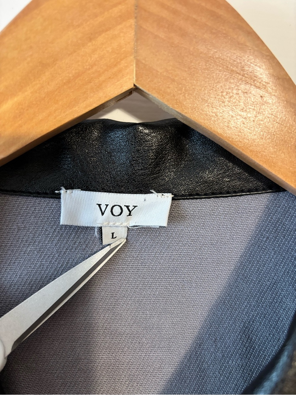 VOY Contrast Faux Leather Shirt Dress | Cotton | Button Front | Pockets | Size L - Picture 4 of 9